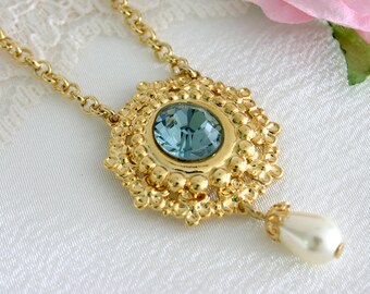 Light blue pendant necklace, Something blue, Light blue bridal necklace, Bridal simple necklace