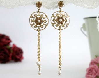 Gold long earrings, Crystals bridal earrings, Woman gold earrings, Long handmade earrings, Champagne earrings