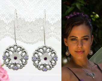 Silver purple jewelry set, Floral necklace and earring
