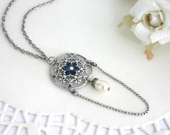 Bridesmaid silver Necklace With Blue Crystals And Pearls - Crystal Jewelry - Flower Jewelry - Romantic Jewelry - Nancy