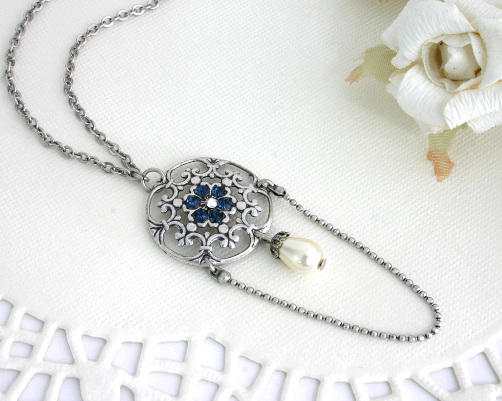Bridesmaid Silver Necklace With Blue Crystals and Pearls - Etsy