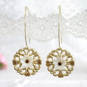 Long floral earrings with crystals, Dangle flowers earrings, Gold jasmine earrings, Bridal jewelry