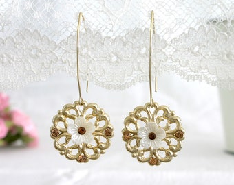 Long floral earrings with crystals, Dangle flowers earrings, Gold jasmine earrings, Bridal jewelry