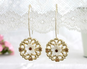 Boucles d'oreilles romantiques en fleur d'or - Boucles d'oreilles en cristal de mariée - Boucles d'oreilles de mariage en strass - Boucles d'oreilles de mariée en or