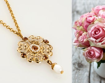 Delicate gold flower pendant necklace, Floral Romantic pendant, Gold flowers bride necklace, Blush champagne pendant