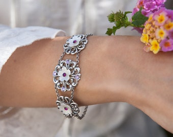 Triple Filigree Flower bracelet, Swarovski crystals bracelet, Floral silver bracelet, Purple bracelet, Purple jewelry