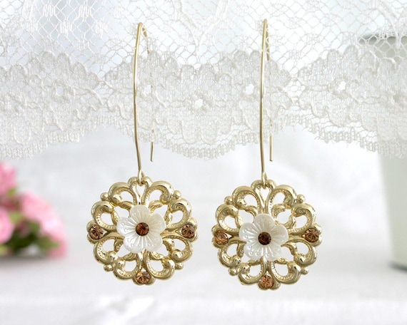 Romantic Gold Flower Earrings - Bridal Crystal Earrings - Rhinestone Wedding Earrings - Gold Bridal Earrings