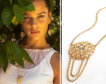 Gold jewelry set for women, Necklace and earrings crystals for wife