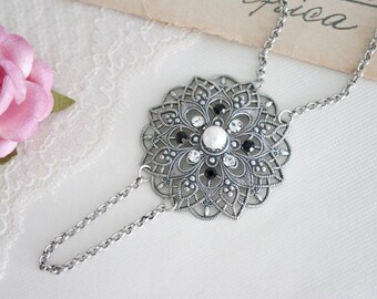 Long silver pendant necklace, Retro style necklace, Necklace silver for woman, Long statement necklace