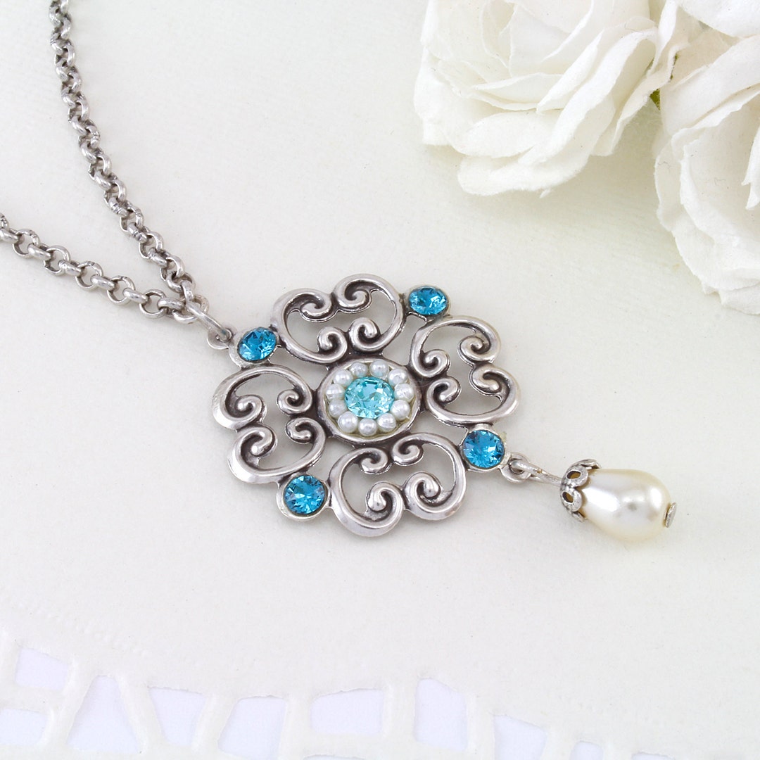 Blue Crystal Necklace, Blue Crystal Pendant, Silver Blue Necklace ...