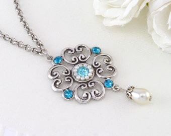 Blue crystal necklace, Blue crystal pendant, Silver blue necklace, Silver filigree necklace, Blue rhinestone necklace