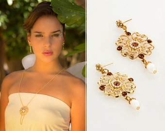 Gold floral jewelry set, Necklace and earrings gift Set, Long gold filigree Necklace and gold dangle earrings, Jewelry set for women