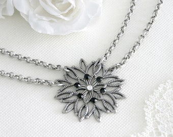 Collier double flocon de neige en argent, Collier de Noël en argent Bijoux flocon de neige en argent, Cadeau de maman à fille