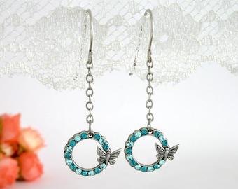 Blue butterfly earrings, Silver butterfly earrings, Silver dangle earrings, Butterfly jewelry