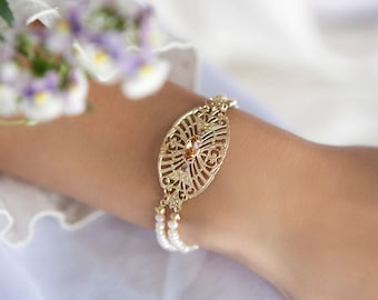 Gold- und Perlenarmband, filigranes Goldarmband, Goldarmband, Perlenarmband, elegantes Armband