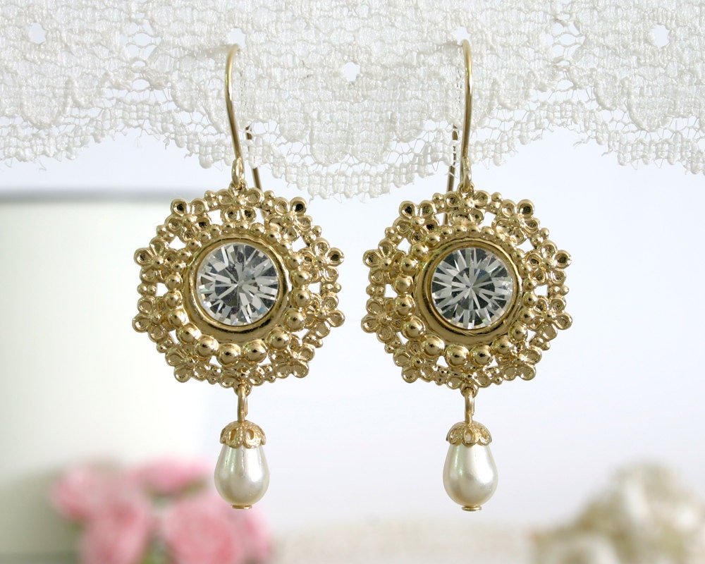Gold Bride Earrings Dangle Wedding Earrings Crystal Bridal Etsy
