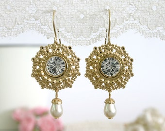 Gold and clear Crystal bridal earrings, Wedding dangle earrings