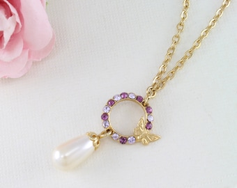 Gold butterfly necklaces for women, Purple necklace, Purple butterfly necklace, Crystal butterfly necklace