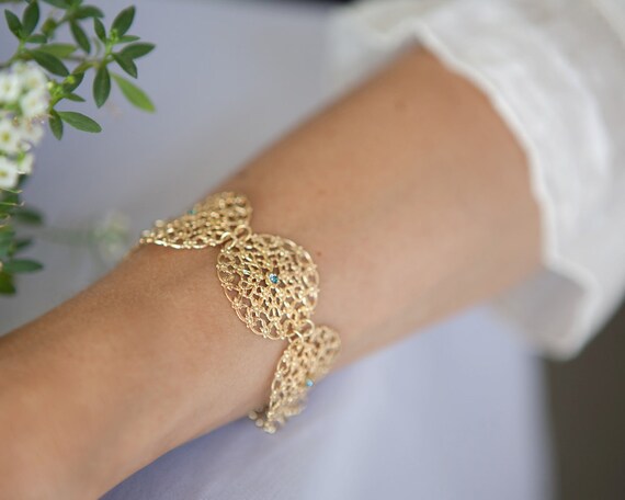 Gold Lace Bracelet With Blue Crystals Gold Statement Jewelry Etsy