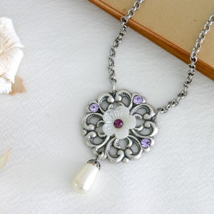 Silver filigree necklace pendant, Flower necklace, Romantic necklace, Silver bridal necklace
