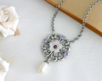 Silver filigree necklace pendant, Flower necklace, Romantic necklace, Silver bridal necklace