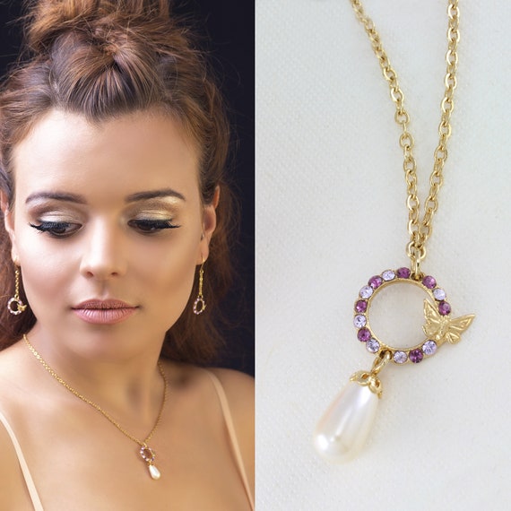 Collana Con Ciondolo Farfalla E Opale Sintetico Lilla/Viola – Catena Oro 16+2 Pollici, Regalo Per Donna