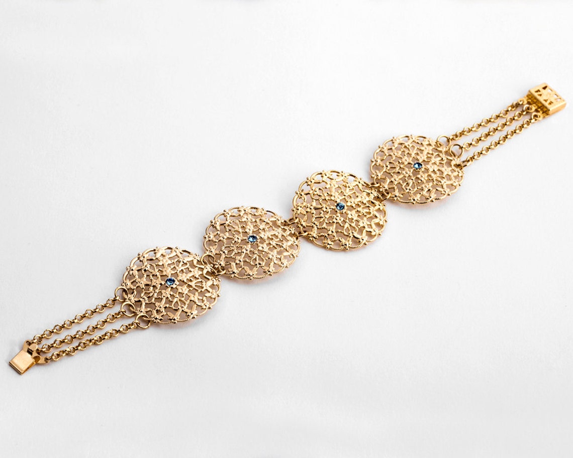 Gold Lace Bracelet With Blue Crystals Gold Statement Jewelry Etsy Israel
