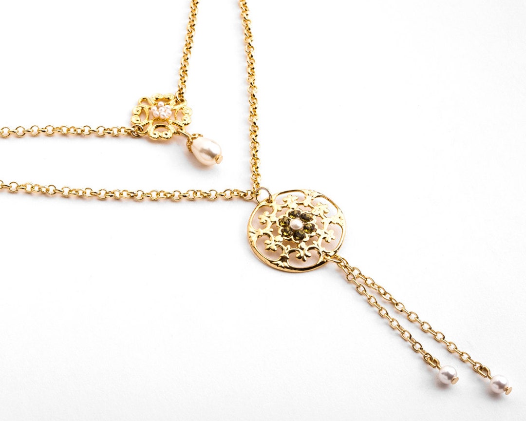 Gold Double Strand Necklace With Crystals and Pearls Double Layer ...