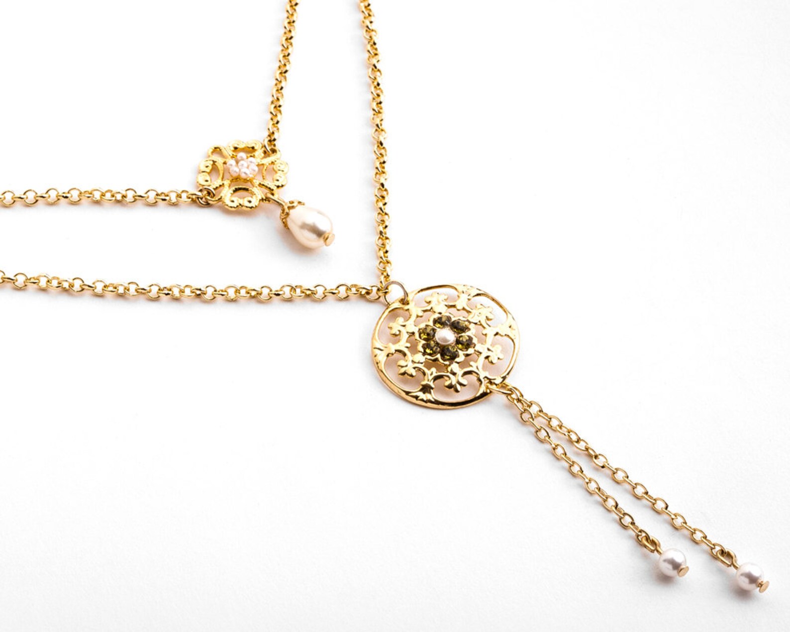 Gold Double Strand Necklace With Crystals and Pearls Double Etsy