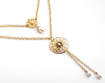 Collier double brin en or avec cristaux et perles - Collier double couche - Bijoux de mariée - Bijoux romantiques - Bijoux élégants