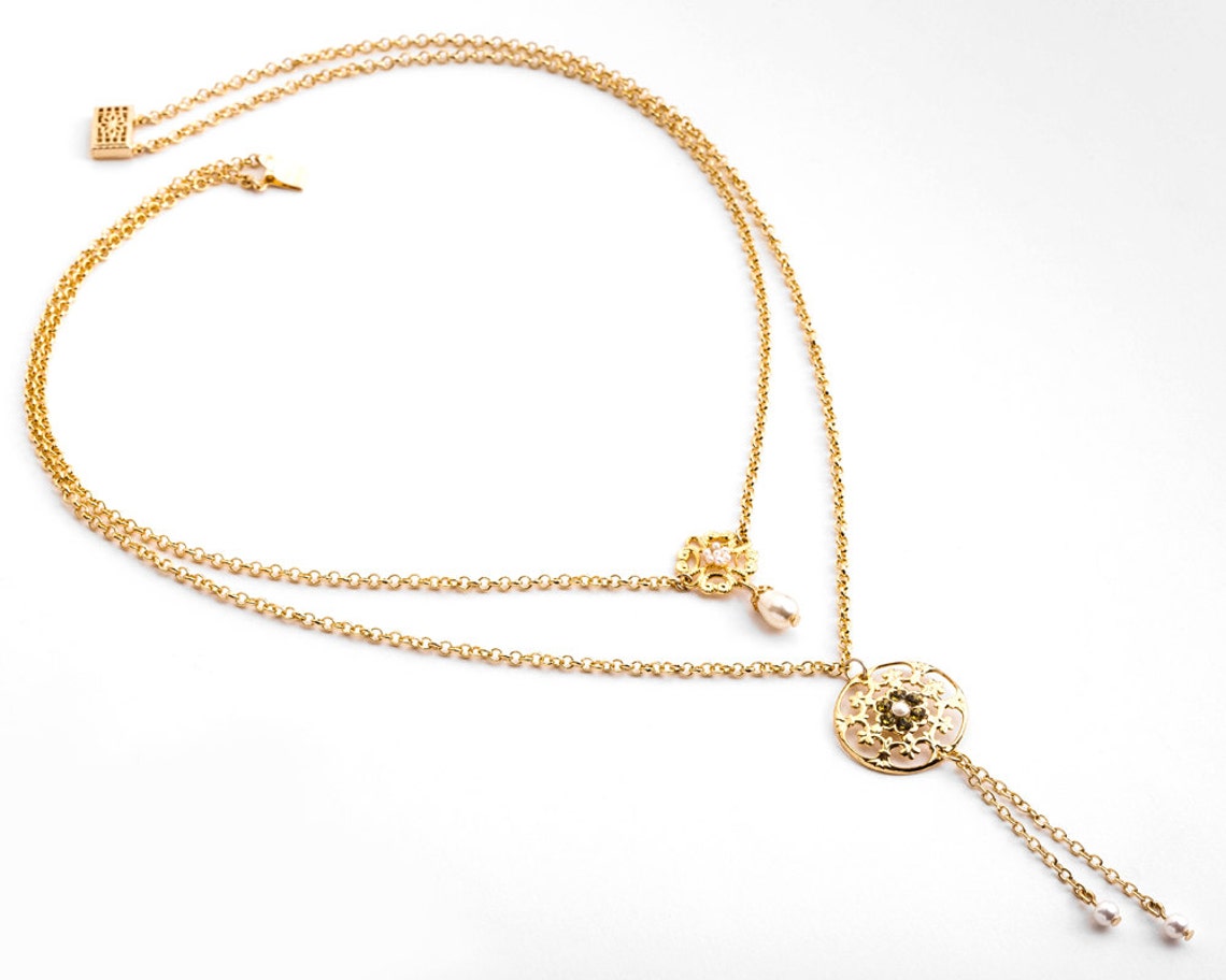 Gold Double Strand Necklace With Crystals and Pearls Double Etsy