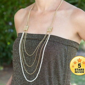 Gold Long Layer Necklace, Gold multistrand Necklace, Luxury Jewelry, Royal Jewelry, Long rhinestone necklace