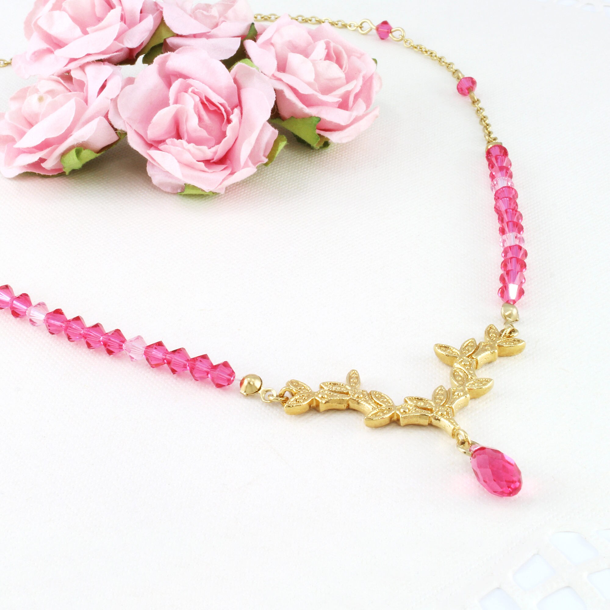 Pink Statement Necklace With Gold and Hot Pink Crystals, Pink Lover ...
