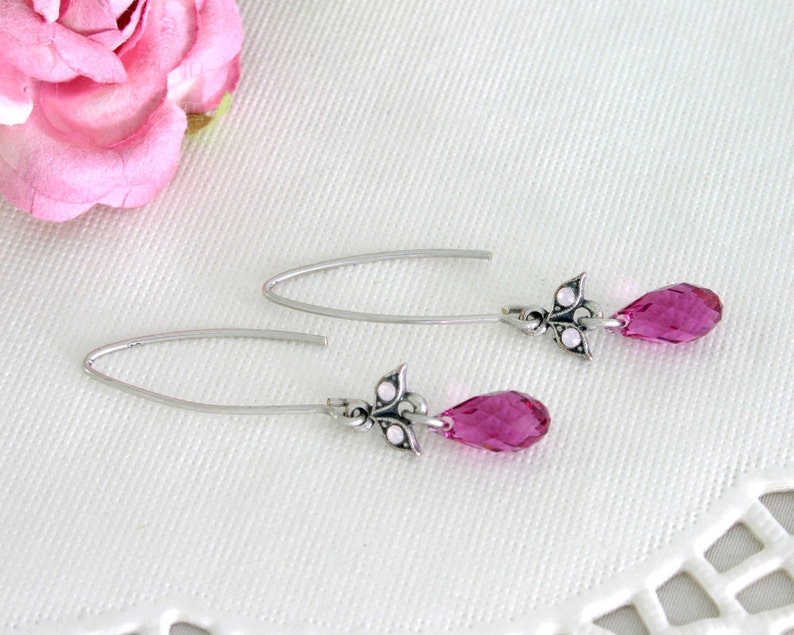 Hot Pink Earrings Fuchsia Earrings Silver Teardrop Earrings Party Earrings Elegant Earrings