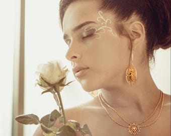 Long leaf earrings, Long dangle earrings, Art nouveau earrings, Statement gold earrings, Long statement earrings