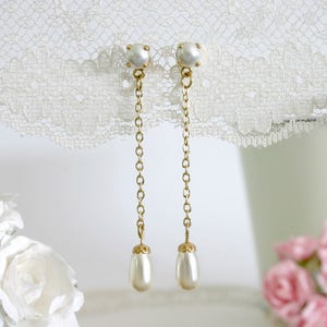 Long pearls earrings, Bridal pearls earrings, White wedding