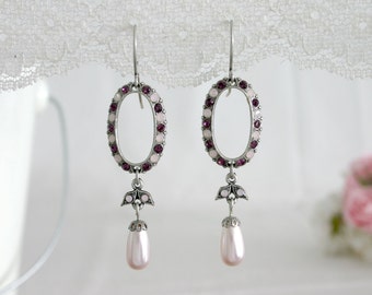 Elegant White And Purple Crystal Earrings With A Pearl - Crystal and Pearl Bridal Earrings - Bridal Crystal Earrings