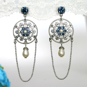 Silver blue chandelier earrings, Blue wedding earring, blue bridal earrings
