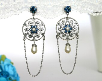 Silver blue chandelier earrings, Blue wedding earring, blue bridal earrings