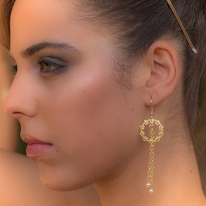 Long bridal earrings, Wedding gold earrings, Bride dangle earrings