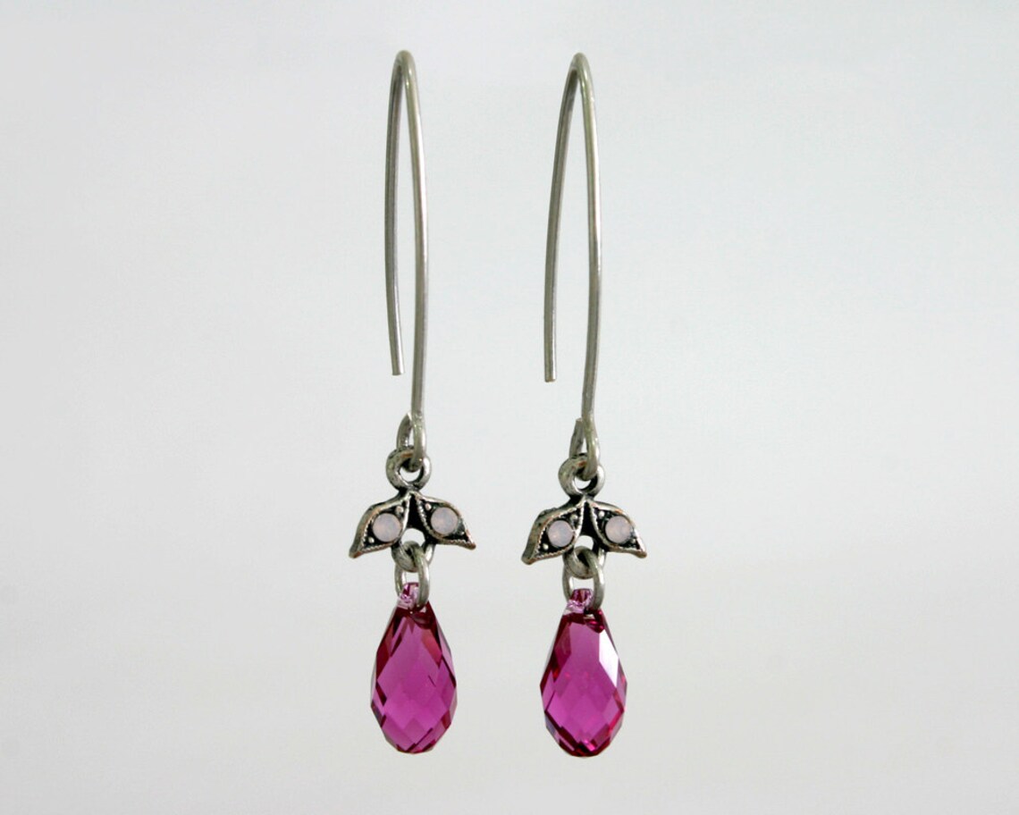 Hot pink earring Pink teardrop earrings Crystal and silver Etsy