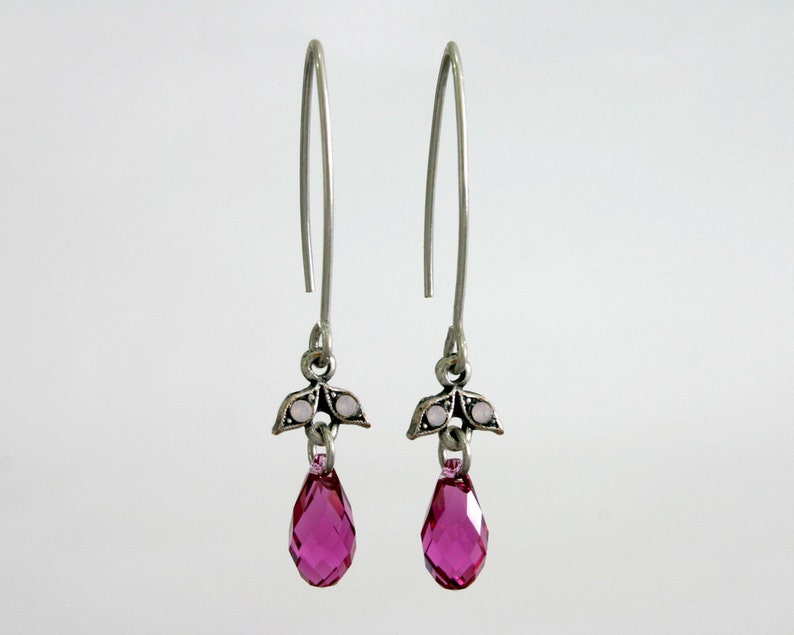 Hot Pink Earrings Fuchsia Earrings Silver Teardrop Earrings Party Earrings Elegant Earrings