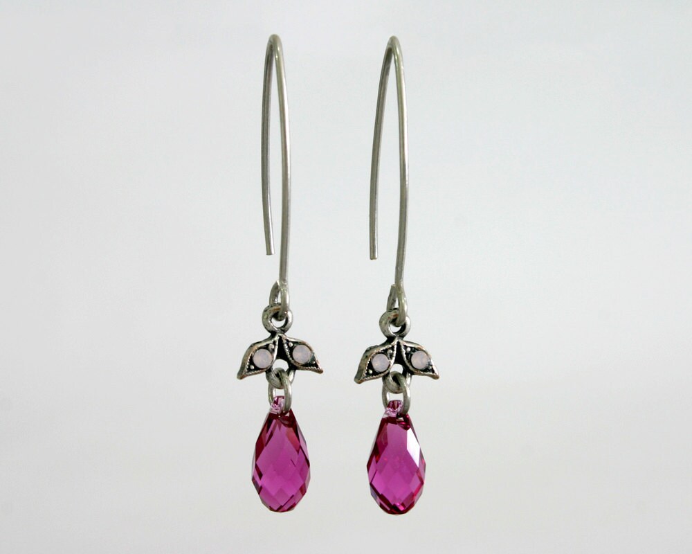 Hot Pink Earring, Pink Teardrop Earrings, Crystal and Silver Earrings