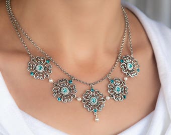 Blue necklace, Floral statement necklace, Blue statement necklace, Statement necklace, Special occasion necklace