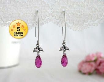 Hot pink earring, Pink teardrop earrings, Crystal and silver earrings, Dangle pink earrings, Silver and pink earrings