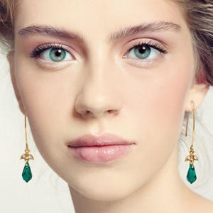 Green drop earrings, Green dangle earrings, Green earrings, Green gift, Green and gold earrings, Green long earrings image 2