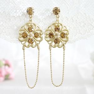Long gold bridal earrings, Crystal wedding earring, Floral bridal earring
