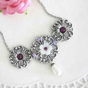 Silver floral necklace with purple crystals, Statement filigree necklace for a purple wedding