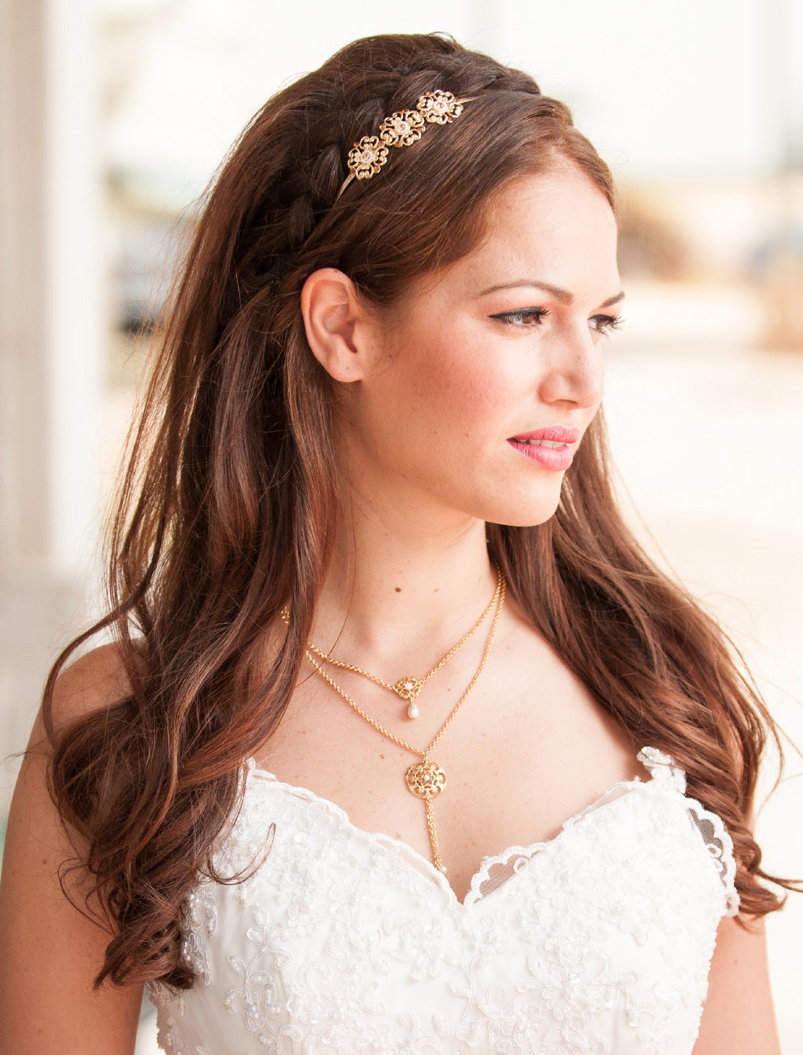 Gold Double Strand Necklace With Crystals and Pearls Double Etsy