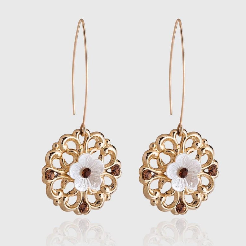 Romantic Gold Flower Earrings - Bridal Crystal Earrings - Rhinestone Wedding Earrings - Gold Bridal Earrings image 2